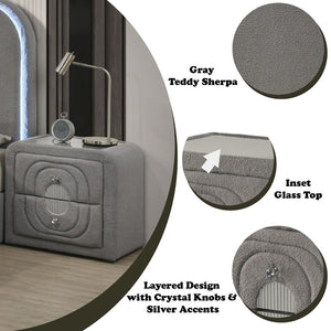 English Elm Shelyn Teddy Sherpa Upholstered Nightstand with Glass Top and Crystal Knob Hardware Gray B2756P495790