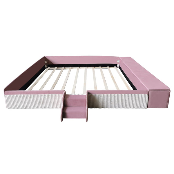 English Elm King Velvet Kids Platform Bed with Padded Guardrails Staircase and Storage Ottoman Pink+White SF000204AAH
