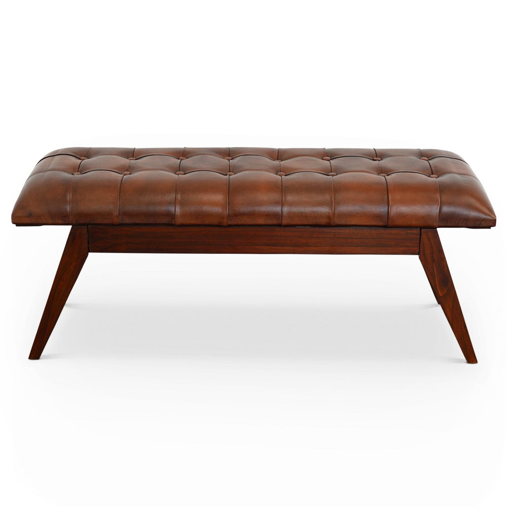English Elm Ashcroft Furniture - Maja Cognac Leather Bench with Solid Wood Frame, Tapered Legs, High-Density Foam Seat for Two (49"W) B183P231833