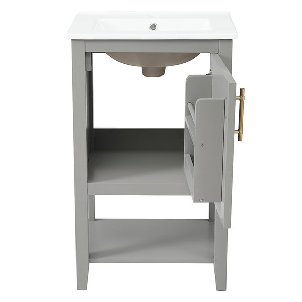 English Elm 20" Matte Freestanding Bathroom Vanity Rubberwood Cabinet Ceramic Sink Open Shelf Grey N725P391115E