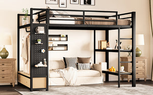 English Elm Full Size Loft Bed Frame With Integrated Wardrobe, Storage Shelves, And Pegboard For Smart Living W1580S00232