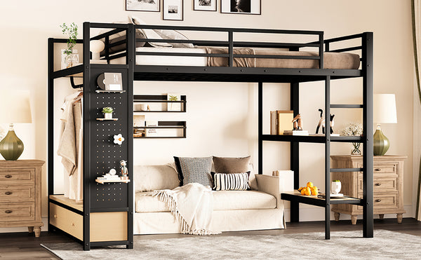 English Elm Full Size Loft Bed Frame With Integrated Wardrobe, Storage Shelves, And Pegboard For Smart Living W1580S00232