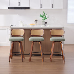 English Elm Set of 2 Swivel Counter Stools Walnut Frame Rattan Back Linen Seat Kitchen Island Light Green W1143P392164