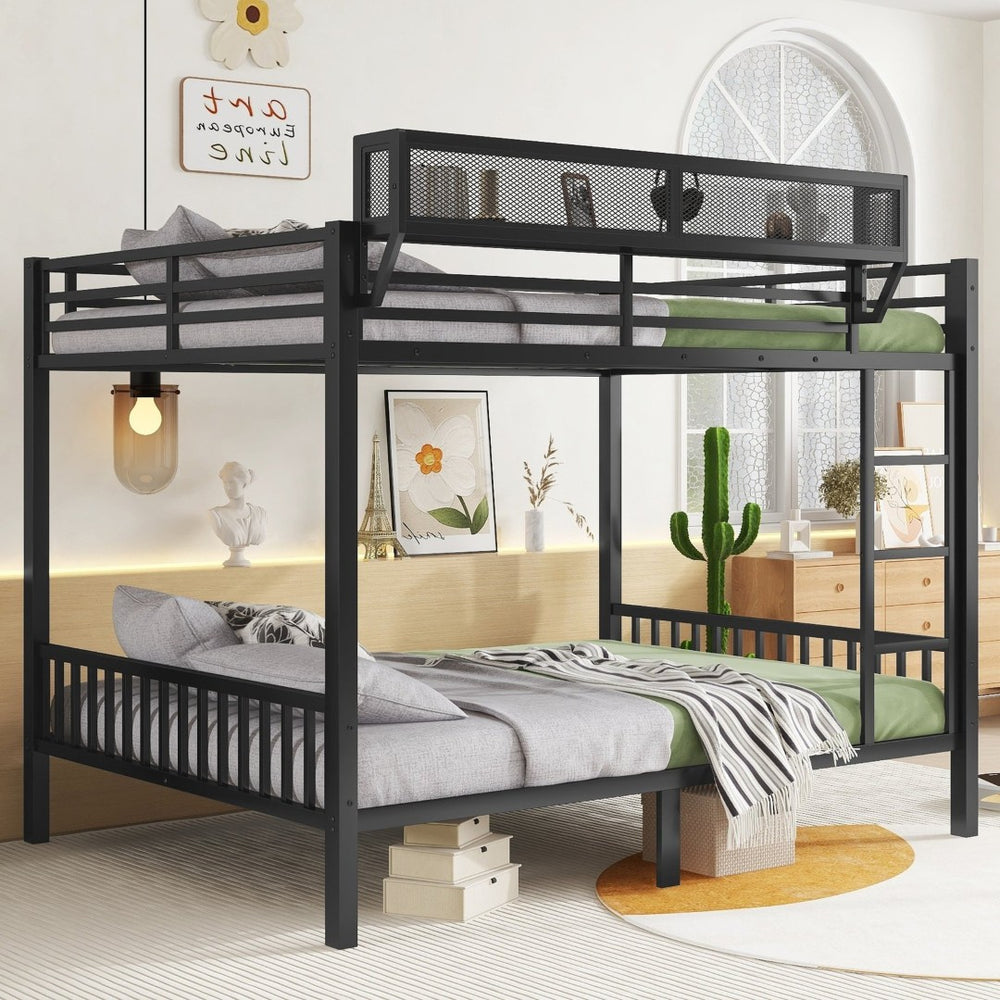 English Elm Queen Over Queen Metal Bunk Bed With Sturdy Ladder, Storage Shelf & Stylish Black Finish For Teens W2580S00043-GIGA