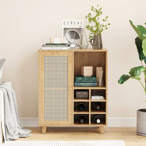 English Elm Rattan Cane Front Sideboard with Drawers Adjustable Shelf Bohemian Storage Cabinet Natural T3623P434759