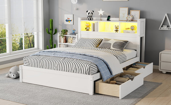 English Elm Twin Wood Storage Bed with Led Headboard Drawers and Pull Out Cabinet for Kids White W2593S00050