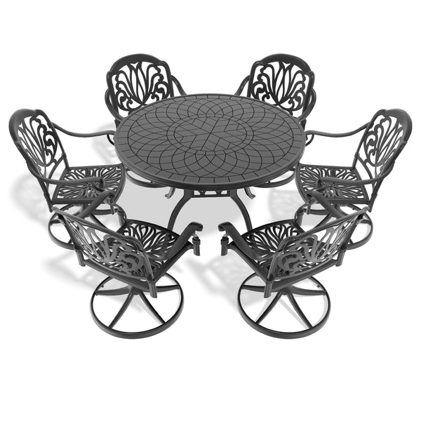 English Elm 7-Piece All-Weather Cast Aluminum Dining Set With Swivel Chairs & Spacious Round Table For Patio Fun W1710S00273