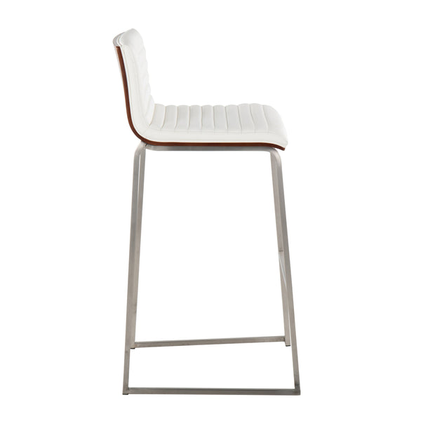 English Elm Mason Mara 30" Contemporary Barstool Set Of 2 - Walnut Wood, White Faux Leather & Stainless Steel Elegance B202P222253