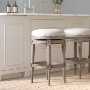 English Elm 31in. Swivel Barstool Faux Leather Seat Nailhead Trim Carved Walnut Frame Kitchen Bar Gray B2751P436439