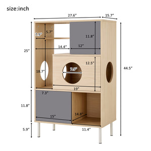 English Elm 2 Modern Cat Tree & Side Cabinet with Litter Box Enclosure, Stylish Wood Bookcase with Hidden Storage, Natural/Grey Elegance N843P254701N