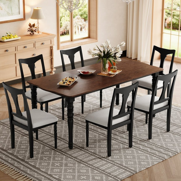 English Elm 7-piece Oak Veneer Extendable Dining Set with 6 Upholstered Chairs for Farmhouse Kitchens Black+Brown N752S100030B
