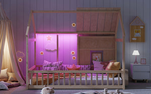 English Elm Twin House Frame Floor Bed Pinewood Build with Led Roofline Kids Bedroom Natural W697P435882