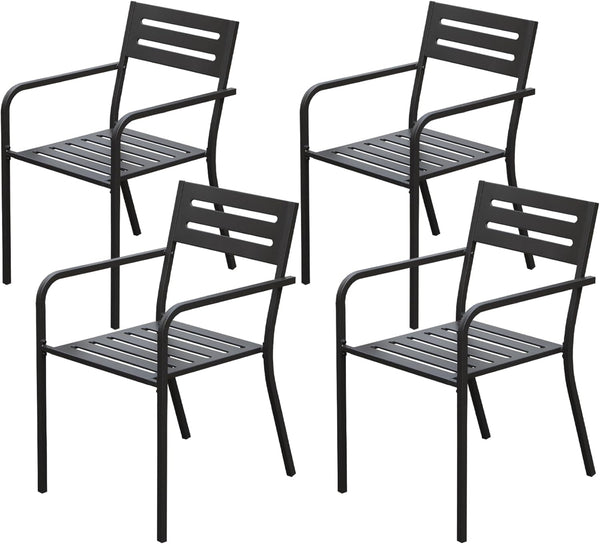 English Elm 4-Pieces Stackable Patio Dining Chairs Set, Heavy-Duty Powder-Coated Metal, Ergonomic Armrests, Black W1859P272679