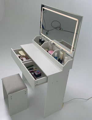 English Elm 31" X 20" Led Vanity Table Set with Cushioned Stool Touch Lighting Small Space White W3258P453340