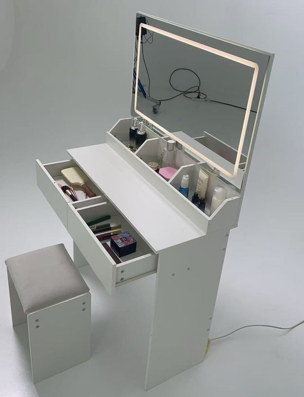English Elm 31" X 20" Led Vanity Table Set with Cushioned Stool Touch Lighting Small Space White W3258P453340