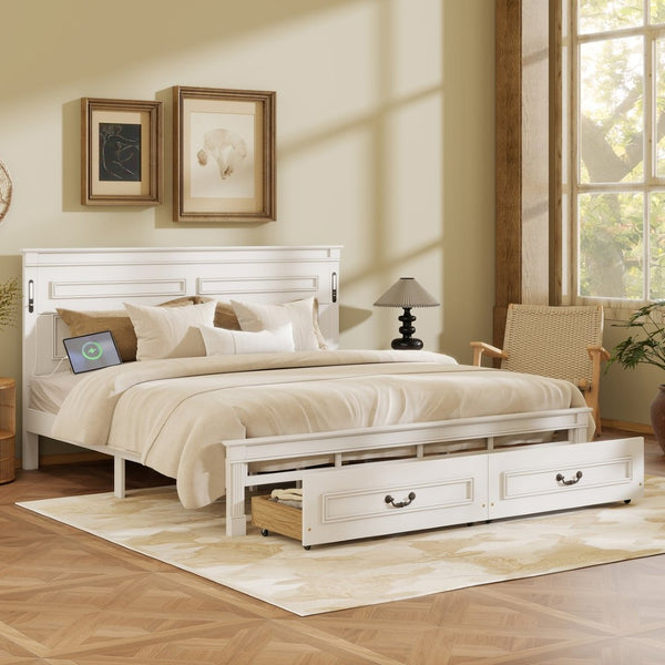 English Elm King Pine Wood Storage Bed with Led Lighting Usb Charging Tall Panel Headboard White W504S00269