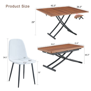 English Elm Table And Chair Set - Modern Adjustable Walnut Lift Table With 4 Soft Linen Dining Chairs, Stylish & Versatile W1151S03774-GIGA