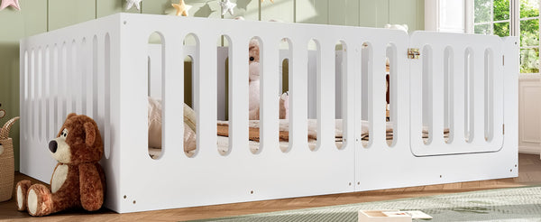 English Elm Queen Solid Pine Montessori Floor Bed for Kids with House Frame and Built-in Door Light White W5305P420638