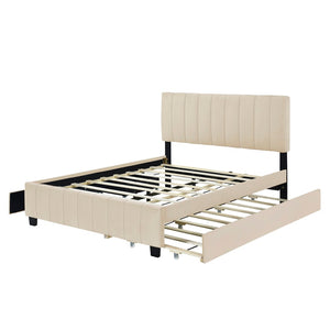 English Elm Queen Tufted Velvet Platform Bed with Storage Drawers and Pull Out Trundle Beige LP000714AAA-1