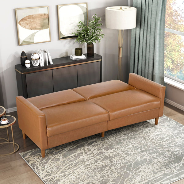 English Elm Comfort Convertible Sleeper Sofa Faux Leather Futon with Plywood Frame, Pocket Coil Comfort, Walnut Legs, 79" Camel 46 L x 36.5 W x 17 H B011P332250
