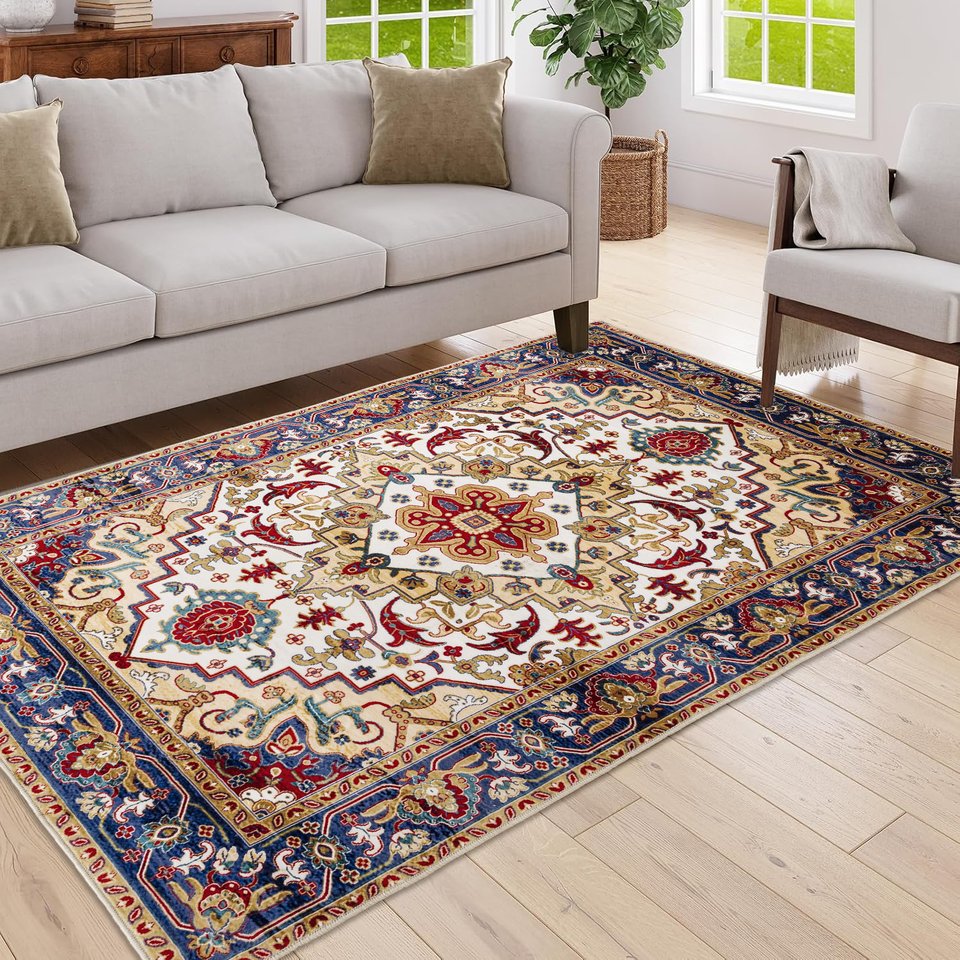 English Elm Area Rug 5X7 Vintage Bohemian Floral Design In Blue/Gold - Non-Slip, Washable & Durable For Homes W2907P265026