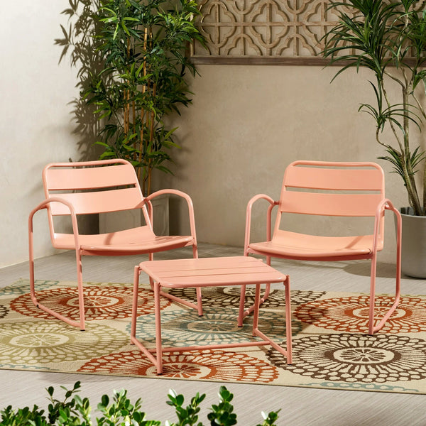 English Elm Christopher Knight Home® - CONRAD Modern Outdoor Chat Set with Powder-Coated Iron Frame, Open Slat Seats for Breezy Comfort Coral N775P250736C