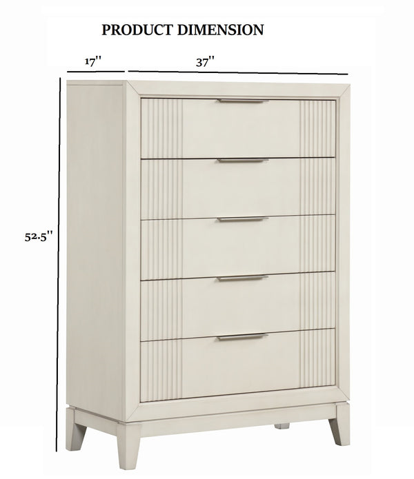 English Elm 1pc Chest Transitional Weathered Finish 5-Drawer Tall Dresser with Dentil Molding and Metal Knobs Antique White 40 L x 20 W x 52 H B2741P370394