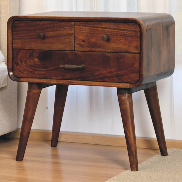 English Elm Avora Chestnut 3-Drawer Nightstand — Handcrafted Solid Mango Wood, Brass Knobs, Mid-Century Modern Elegance B182P301357