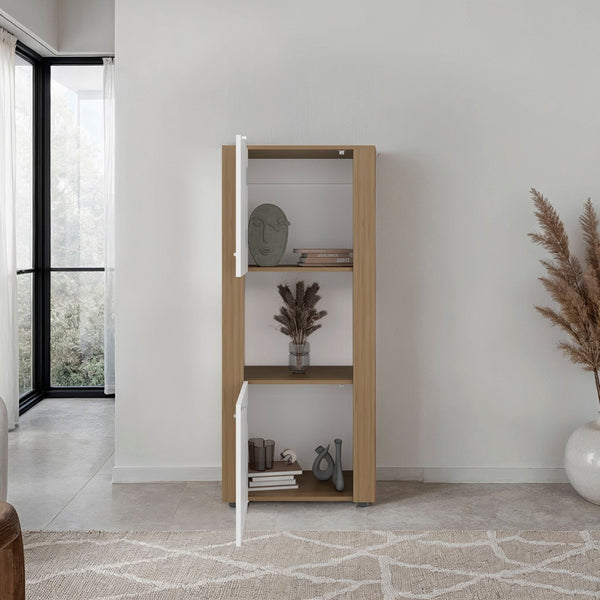 English Elm Natural Oak Two-tone Vertical Cabinet with Open Shelving for Modern Compact Spaces B062P476869
