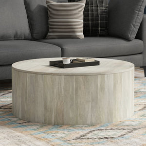 English Elm Millbury Solid Mango Wood Round Coffee Table Rustic Drum Design for Living Room White B136P429081