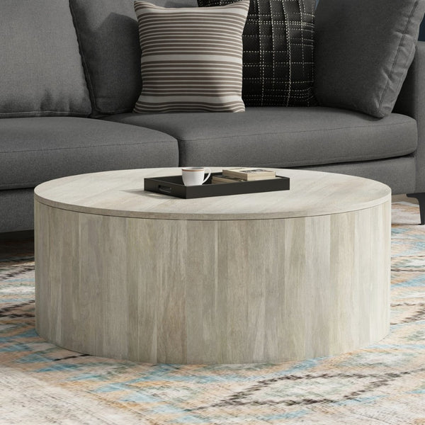 English Elm Millbury Solid Mango Wood Round Coffee Table Rustic Drum Design for Living Room White B136P429081