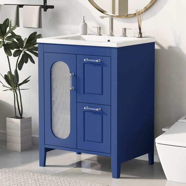 English Elm 24" Modern Bathroom Vanity with Ceramic Sink, Solid Wood & MDF Cabinet, Two Drawers, Shelf Blue N725P245273C