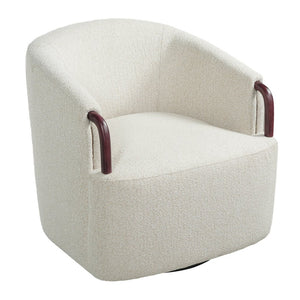 English Elm 30" Boucle Swivel Barrel Chair Wood Accents Sculptural Accent Seating for Any Room N767P422966B