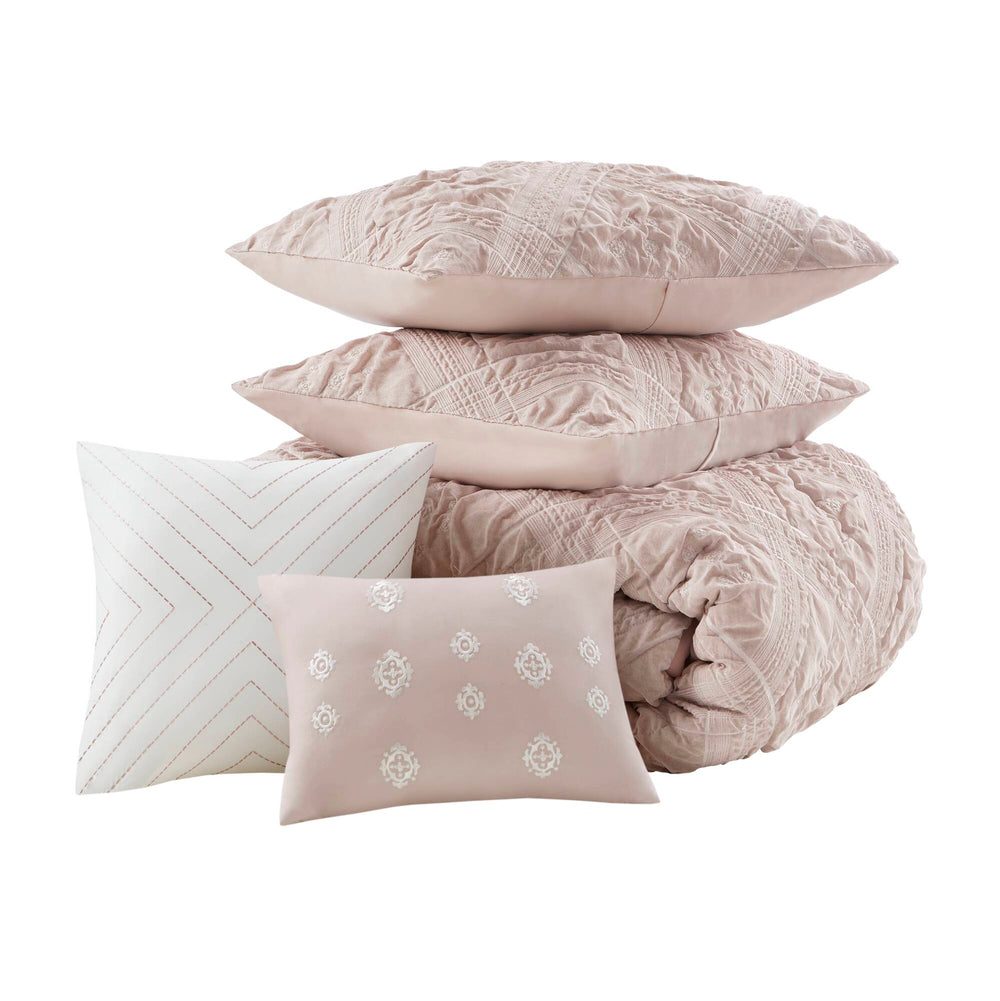 English Elm 5-Piece Sculpted Jacquard Comforter Set Full/Queen with Plush Polyester Fill, Elegant Texture Pink 12.99 L x 17.01 W x 6.5 H B035P408222