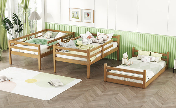 English Elm Triple Rubber Wood Bunk Bed with Built-In Ladders and Guardrails Maximizes Space for Families, Durable Design White Oak W504S00176