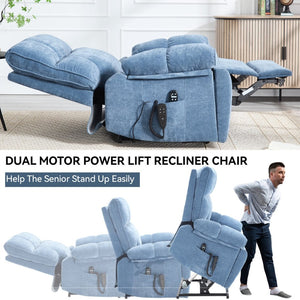 English Elm Beige Chenille Power Lift Recliner Dual Motor Massage Heat 350 Lb Capacity Blue W1803P264051