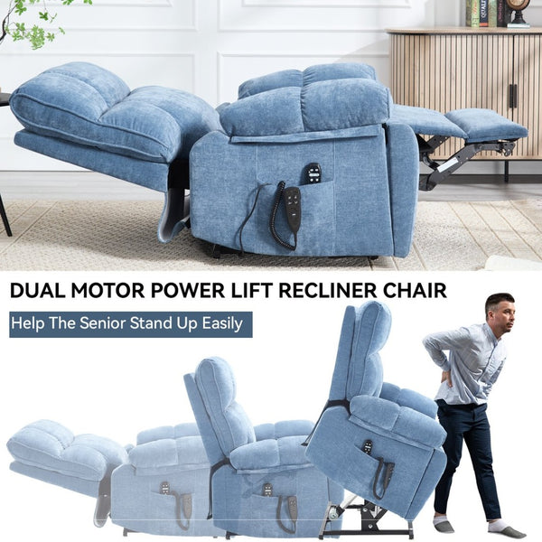English Elm Beige Chenille Power Lift Recliner Dual Motor Massage Heat 350 Lb Capacity Blue W1803P264051