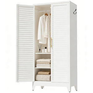 English Elm White Steel Freestanding Wardrobe Cabinet with Rod and Shelves for Dorm or Apartment T2398P480394