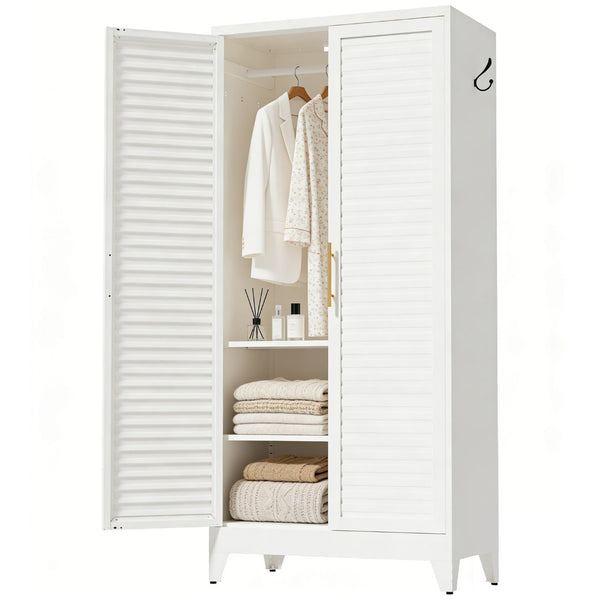 English Elm White Steel Freestanding Wardrobe Cabinet with Rod and Shelves for Dorm or Apartment T2398P480394