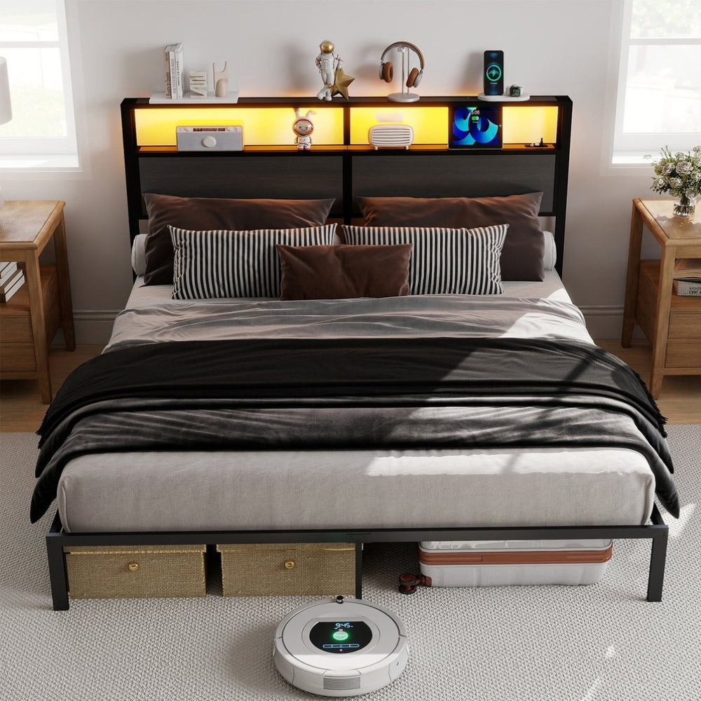 English Elm Queen Metal Platform Bed with Rgb Led Headboard Charging Station and Underbed Storage T3963P483808