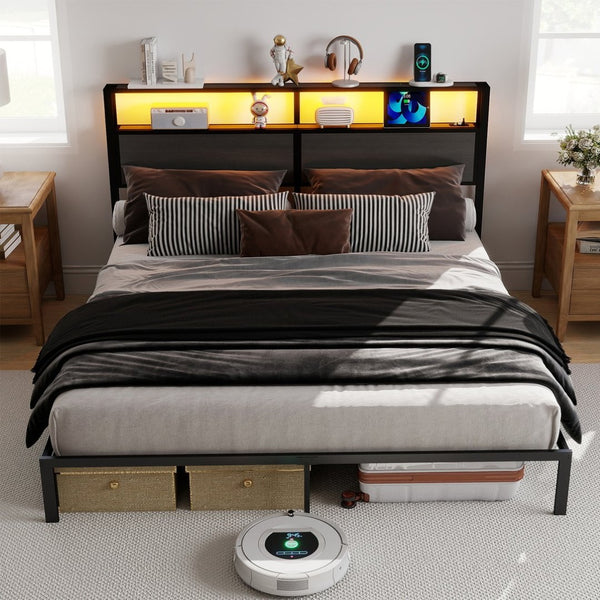 English Elm Queen Metal Platform Bed with Rgb Led Headboard Charging Station and Underbed Storage T3963P483808