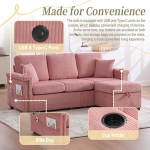English Elm UNITED Corduroy L-Shaped Sectional Sofa with Storage Ottoman, USB Ports, Cup Holders & LED Lighting Pink W1568P332401