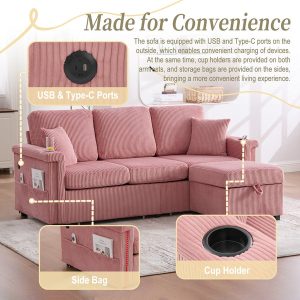 English Elm UNITED Corduroy L-Shaped Sectional Sofa with Storage Ottoman, USB Ports, Cup Holders & LED Lighting Pink W1568P332401