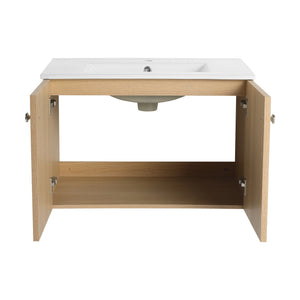 English Elm 30" Oak Wall-Mounted Bathroom Vanity with Ceramic Sink, 2 Soft-Closing Doors, Plywood Build, Space-Saving Design W1972S00022