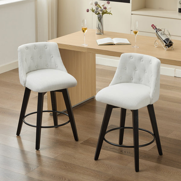 English Elm 007-360° Swivel Bar Stools Set of 2 25" Counter Height Linen Tufted Back Solid Wood Frame Durable Upholstery White W2636P242111