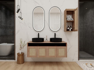 English Elm 48" Floating Bathroom Vanity Oak Finish Dual Ceramic Sinks Four Soft Close Doors W999S00499