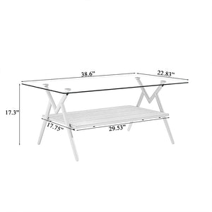 English Elm Rectangle Coffee Table With Clear Tempered Glass Top & White Metal Legs For Modern Living Rooms W241142561-GIGA