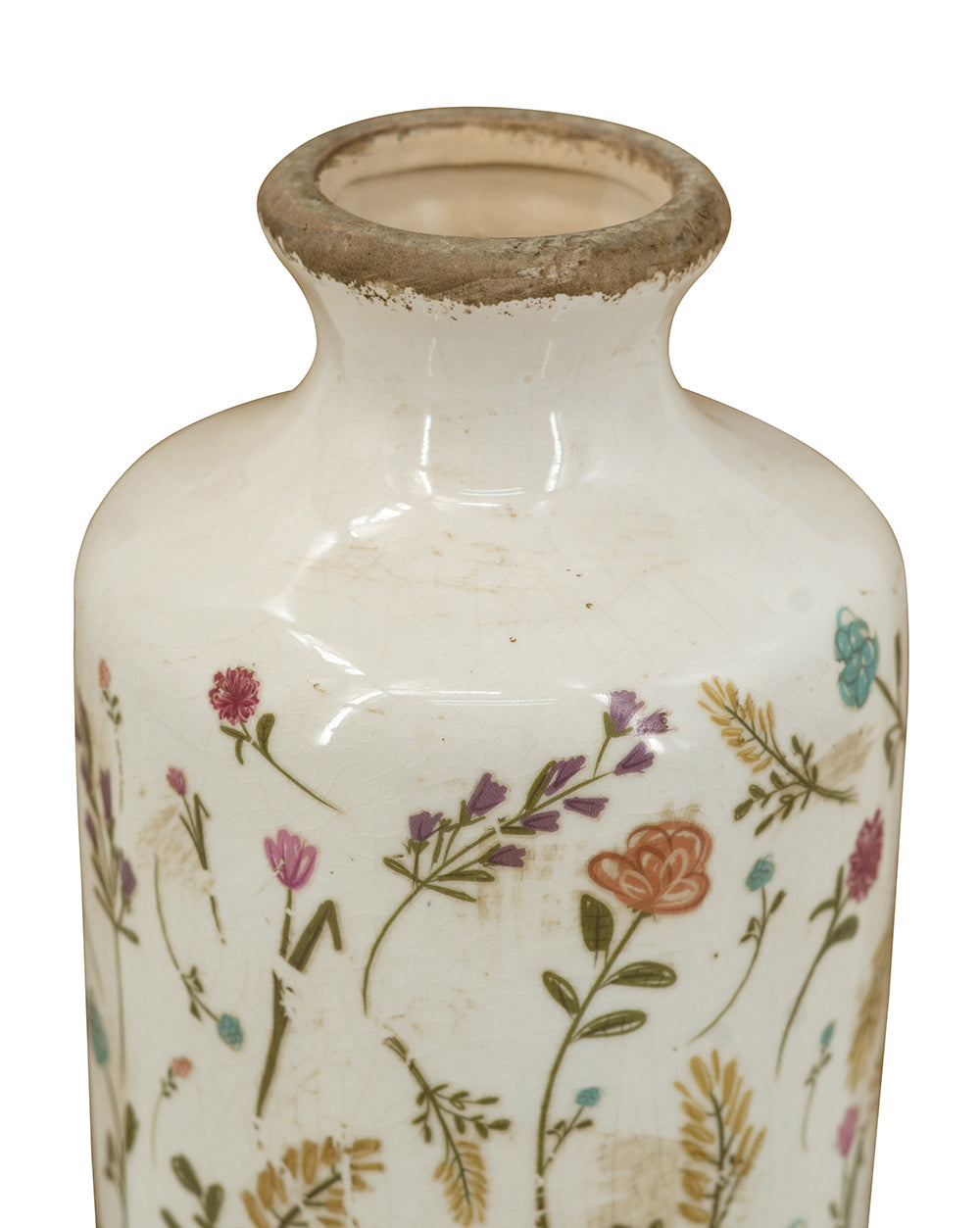 English Elm D4.3x8.3" Ceramic Cylinder Vase with Weathered Rim, Earthy Multi-Color Floral Motifs for Tablescape Decor W2078P405371