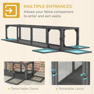English Elm PawHut Extendable Outdoor Cat Tunnel 79" Wooden Catio Run with Weatherproof Mesh, Multi-Entry Grey+Black W2225P200585