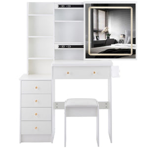 English Elm 37" Vanity Table Set with Led Mirror Stool Built-in Outlets and Hair Dryer Storage White W3258P448846